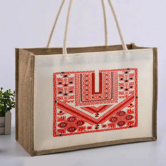 Red Mosaics Burlap Bag